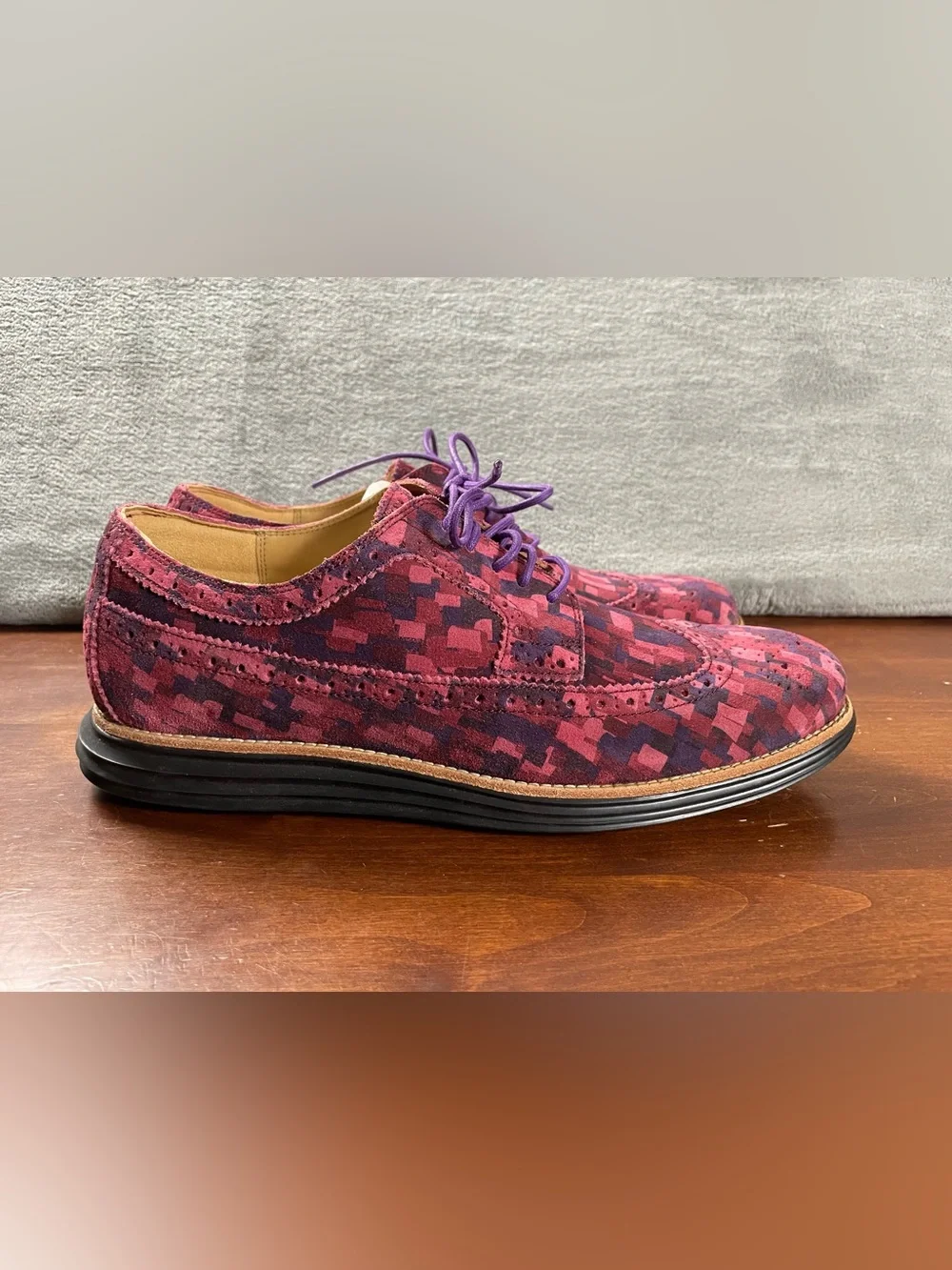 Cole Haan LunarGrand Long WingTip C12507 Men’s 11.5 m Red Mosaic Camo Suede NWOB